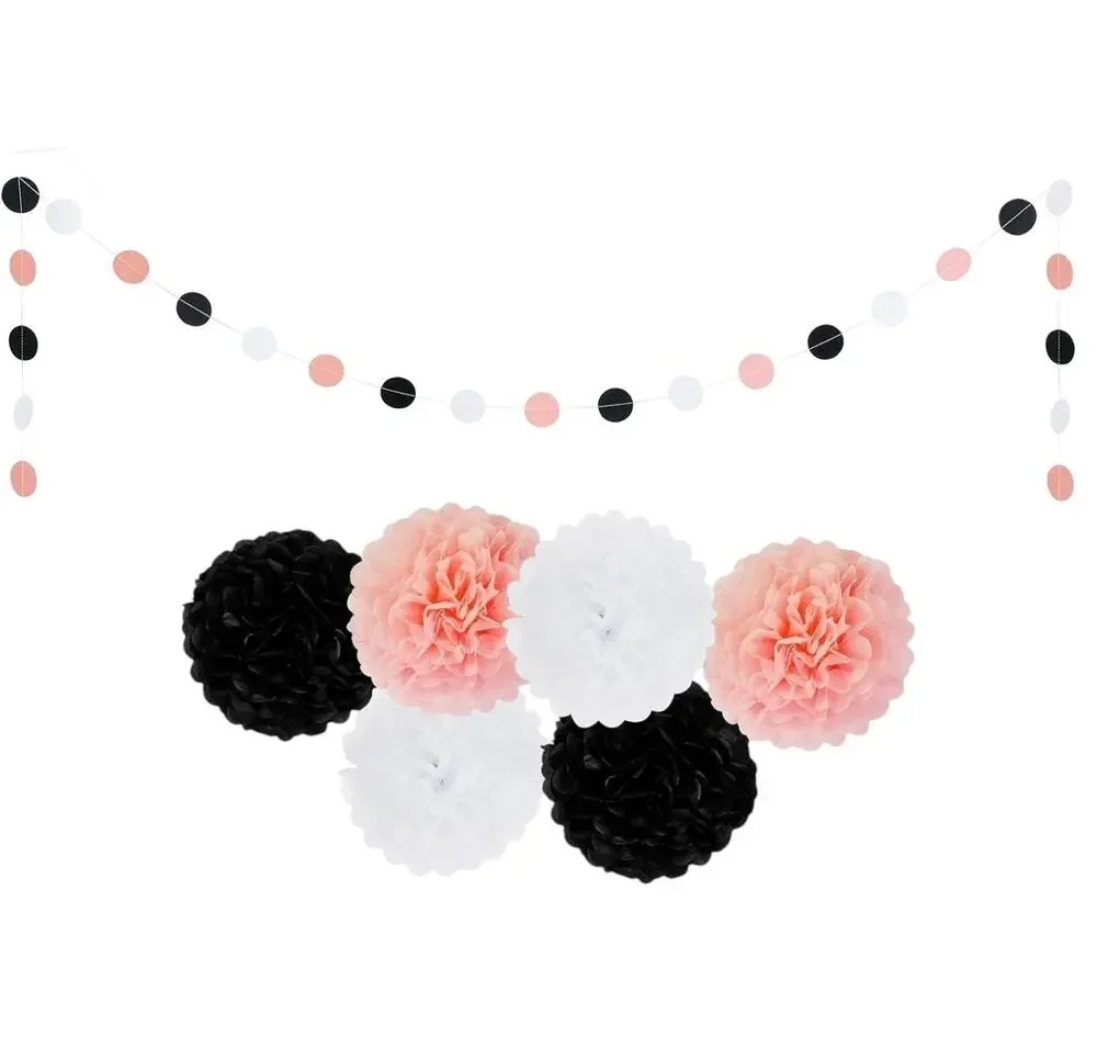 14pc Pink Black White Birthday Party Decorations - Pom Poms & Garland Set